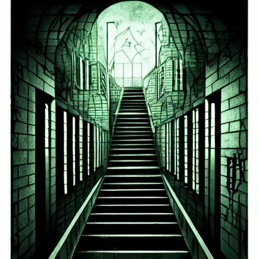 Image similar to a terrifying dark hallway with many doors and many stairs, impending doom, horror, Mc Escher architecture, epic composition, anime key visual