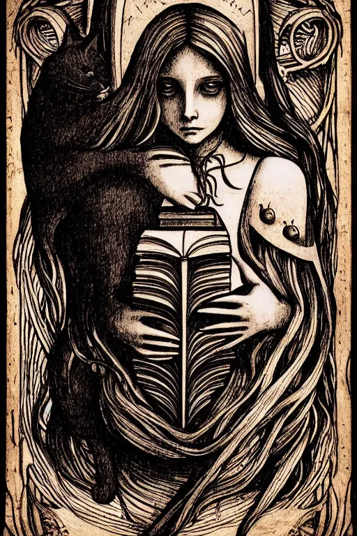 Image similar to da vinci illustration of romantic girl, her cat and her book of necronomicon, symmetrical, cinematic, sharp focus, 4 k, ultra hd, sense of awe, sinister demonic atmosphere, dreadful, forbidden knowledge, old gods, cthulhu, yog - sothoth! yah, yah, yah! cultist journal cover