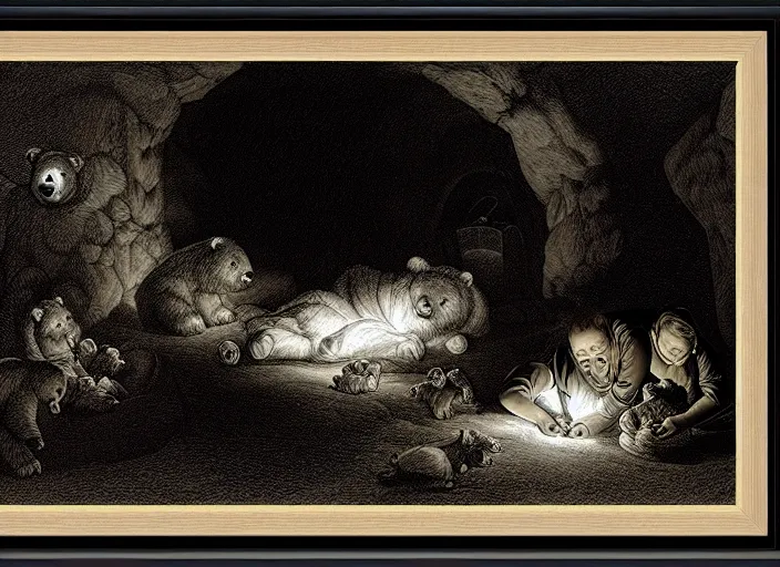 Image similar to Pieter Claesz's 'bear and her cubs sleeping in a dark cave lit by campfire', night time, cross hatching, framed