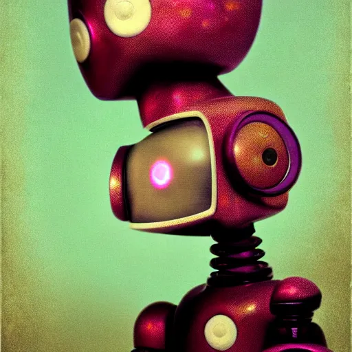 Image similar to a comunity manager robot. subject in shot pop surrealism muted colors. pink background. by jean - baptiste monge, wide shot, depth of field