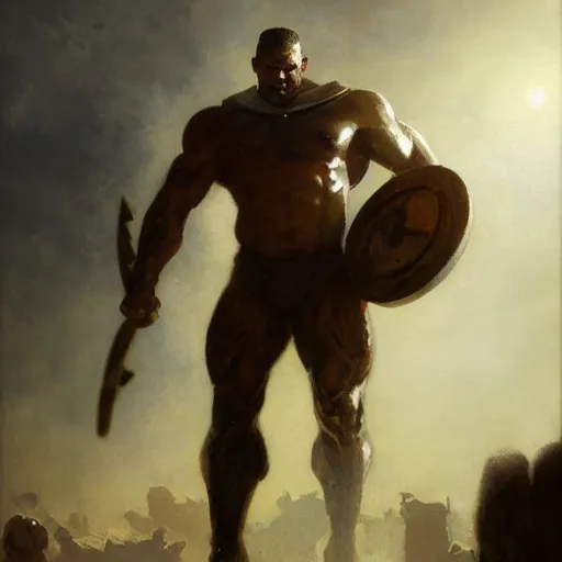 Image similar to handsome portrait of a spartan guy bodybuilder posing, radiant light, caustics, war hero, metal gear, steel bull run, by gaston bussiere, bayard wu, greg rutkowski, giger, maxim verehin