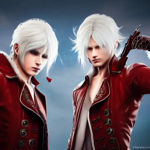 Prompt: Epic rococo painting of two young identical twins, with white skin, long white hair and red eyes. Wearing identical red clothes. Middle age. Devil May cry, ultra-detailed. Anime, pixiv, UHD 8K CryEngine, octane render