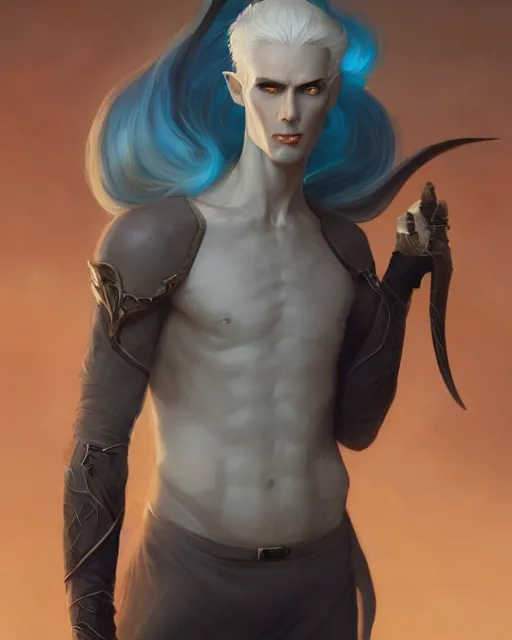 Image similar to character portrait of a slender young half elven man with white hair, piercing bright blue eyes, and pale bluish skin, by greg rutkowski, mark brookes, jim burns, tom bagshaw, trending on artstation
