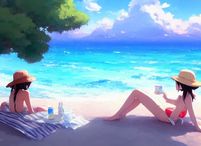 Image similar to a cute girl in a bikini and sunhat sitting on a towel on the beach, rocky mountains far in the distance, fluffy clouds on the horizon, by makoto shinkai an krenz cushart