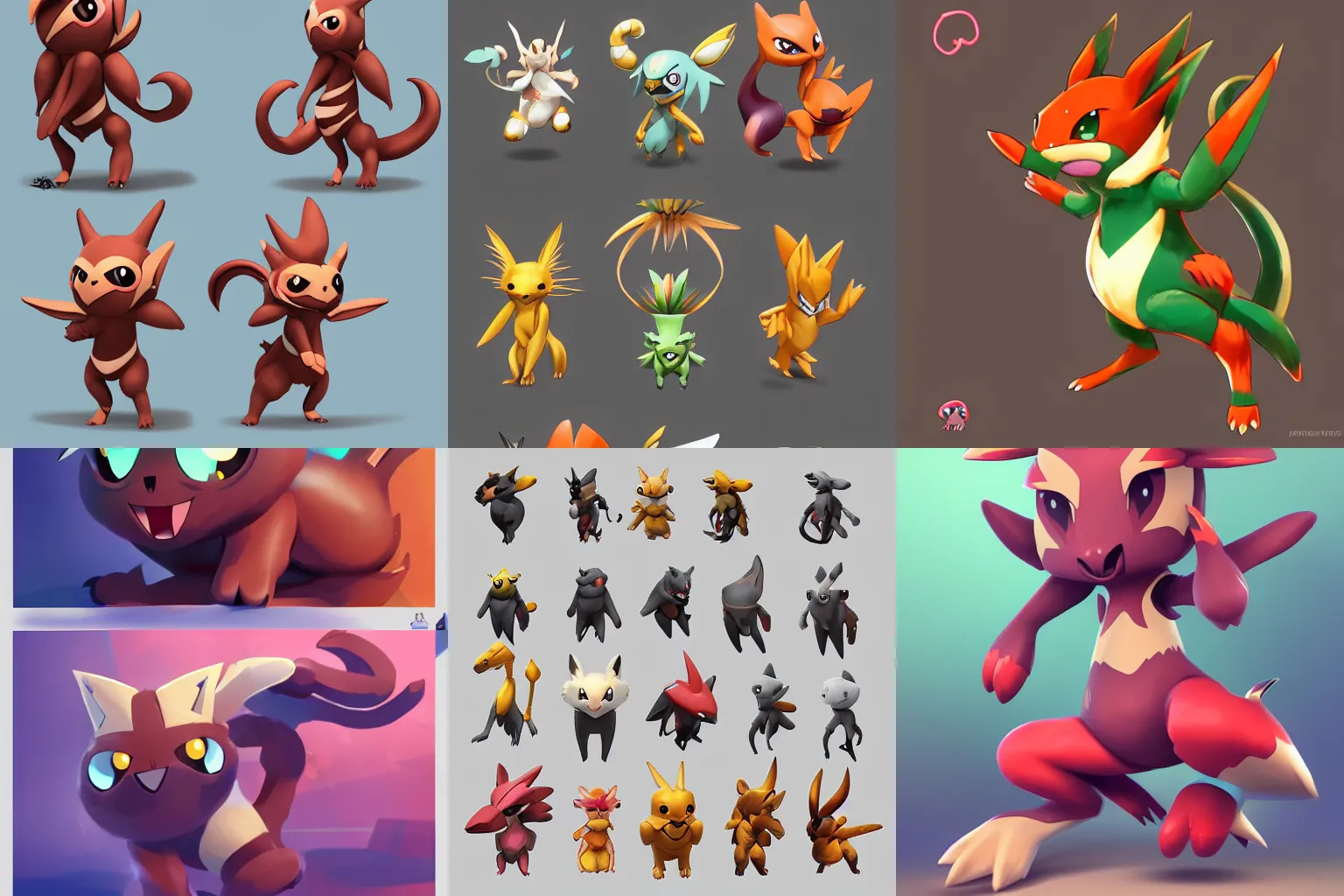 Prompt: stylized cute creature character design, dynamic pose pokemon, stunning illustration trending on artstation