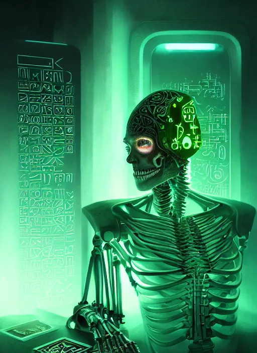 Prompt: portrait of futuristic cyber bionic skeleton writing runes into tombstones, runes, runic words, ancient evil letters, glowing green, intricate, elegant, glowing lights, highly detailed, digital painting, artstation, concept art, smooth, sharp focus, illustration, art by wlop, mars ravelo and greg rutkowski