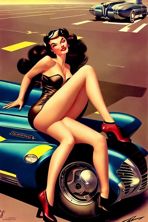 Image similar to beautiful retro space megan fox varga girl sitting on a corvette in diesel punk city, windblown dark hair, retro pinup model, seductive, 1 9 4 0, glamour pose, intricate, smoke, hyper detailed, digital art, smooth, sharp focus, alberto vargas, gil elvgren, greg rutkowski