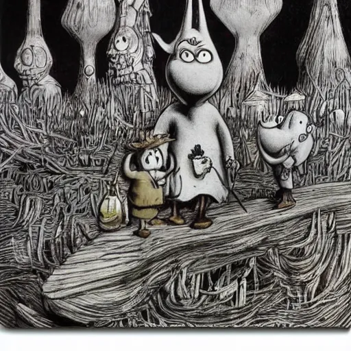 Prompt: the moomins in moominvalley, hr giger artwork, very detailed!, high quality, 4 k