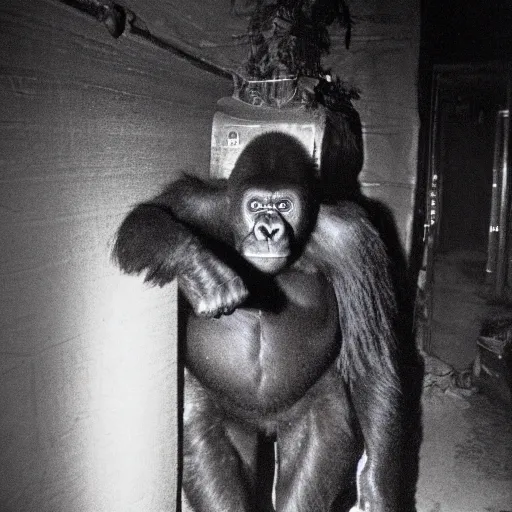 Prompt: grainy photo of a gorilla as a creepy monster in a closet, harsh flash