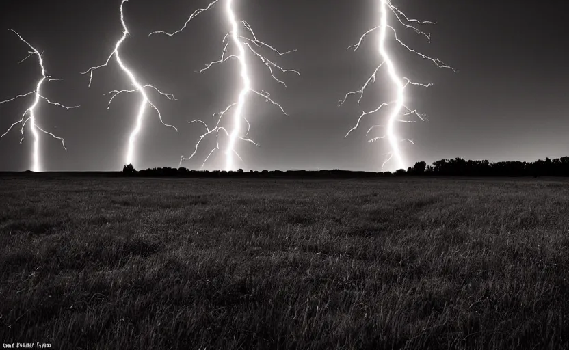 Image similar to red lightning bolts shoot from the ground, dark night, field, fire is visible on the horizon, high contrast, unsettling photo