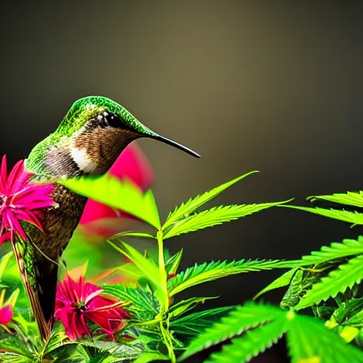 Prompt: beautiful hummingbird drinking from a marijuana plant, wildlife photography, highly detailed, high quality, 8 k, soft lighting,