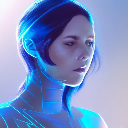 Prompt: holographic woman, beautiful, blue light, profile, science fiction, d & d, concept art, sharp focus, illustration, character art,