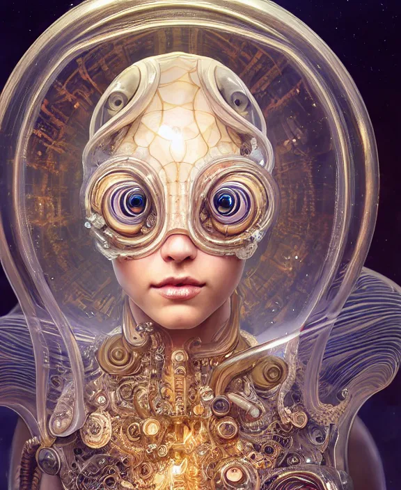 Image similar to intricate ornate opulent transparent clear see - through portrait of a cybernetic beautiful alien nautilus, mottled coloring, adorable, childlike, apocalyptic environment, ultra realistic, concept art, art nouveau, photorealistic, octane render, 8 k, unreal engine. art by christopher marley and artgerm and greg rutkowski and alphonse mucha