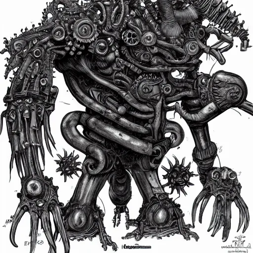 Image similar to disgusting repugnant pestilent bio - mechanical abomination in the style of keith thompson, lineart, character concept