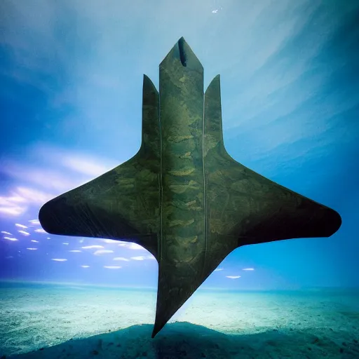 Image similar to dreamlike film photography of a 1880s art nouveau stealth bomber made of wood at night underwater in front of colourful underwater clouds by Kim Keever. In the foreground floats a seasnake. low shutter speed, 35mm