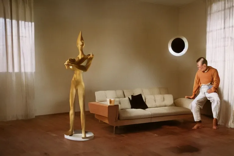 Image similar to photograph of sculpture radiating esoteric energy in modernist living room, crisp focus, highly detailed, in jeff wall style, 3 5 mm ektachrome