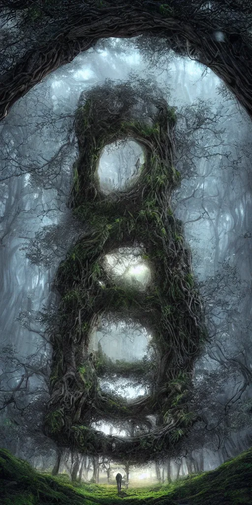 Prompt: humongous tree portal!! on a big dusky planet, spooky, sharp focus, intricate details, fantasy, hyper realism, 1 0 0 mm, art, smooth, beautiful art, masterpiece, artistic landscape, cinematic, wet reflections, ray tracing x, rtx, smooth