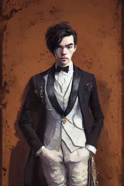 Prompt: a fancy portrait of jacksepticeye wearing posh clothes by Greg Rutkowski, Sung Choi, Mitchell Mohrhauser, Maciej Kuciara, Johnson Ting, Peter Konig, Bloodborne, 35mm, 8k photorealistic, cinematic lighting, HD, high detail, atmospheric,