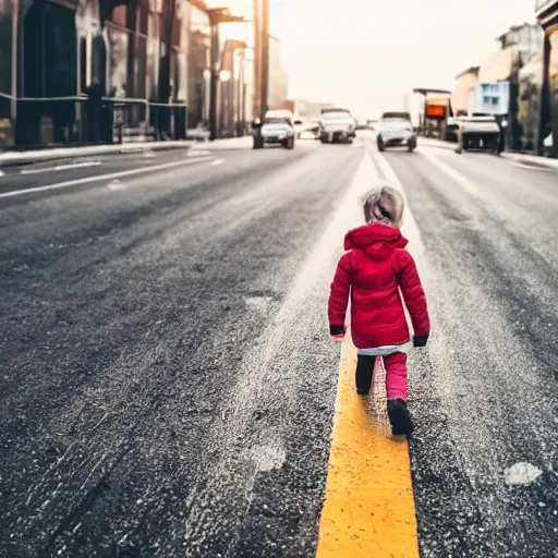 Image similar to photo of a toddler walking in the middle of traffic