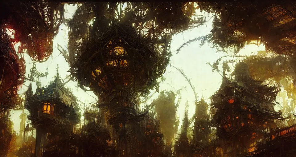 Image similar to looking up at a city of tree - houses at caras galadhon, intricate, vivid colors, elegant, highly detailed, john park, frazetta, john howe, ruan jia, jeffrey catherine jones