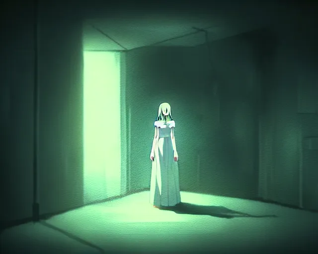 Image similar to creepy woman wearing white dress standing in the backrooms, psychological horror, the eerie forlorn atmosphere of a place that's usually bustling with people but is now abandoned and quiet, buzzing fluorescent lights above the ceiling, unsettling images, liminal space, dark, art by makoto shinkai