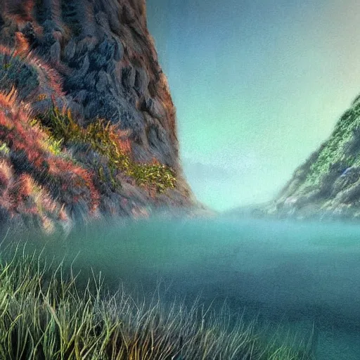 Image similar to artistic digital artwork of a lush natural scene on an alien planet. beautiful landscape by lurid ( 2 0 2 2 ). weird vegetation. cliffs and water. grainy and rough. interesting pastel colour palette. beautiful light. oil and water colour based on high quality render.