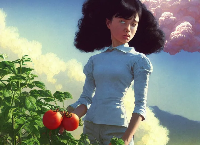 Image similar to gorgeous inspiring girl on the moon caring for tomato plants inside a crater filled with smoke, planet Earth in the sky by Craig Mullins, ilya kuvshinov, krenz cushart, artgerm trending on artstation by Edward Hopper and Dan Mumford and WLOP and Rutkovsky, carl spitzweg and moebius, Unreal Engine 5, Lumen, Nanite