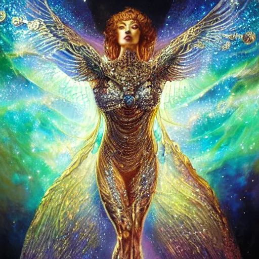 Prompt: full body made of diamonds , wearing a golden koftan ,thunder, shining light, nebulas, god rays by Karol Bak, Ayami Kojima, Amano and Olivier Ledroit