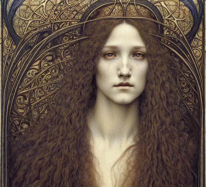 Image similar to detailed realistic beautiful young medieval queen face portrait by jean delville, gustave dore and marco mazzoni, art nouveau, symbolist, visionary, gothic, pre - raphaelite. horizontal symmetry