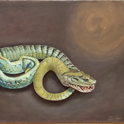 Image similar to a rattlesnake devours a world turned upside down, oil painting