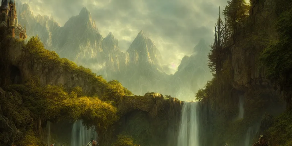 Image similar to Ford of Bruinen, Rivendell, evening, detailed matte painting, cinematic, Alan Lee, Artstation