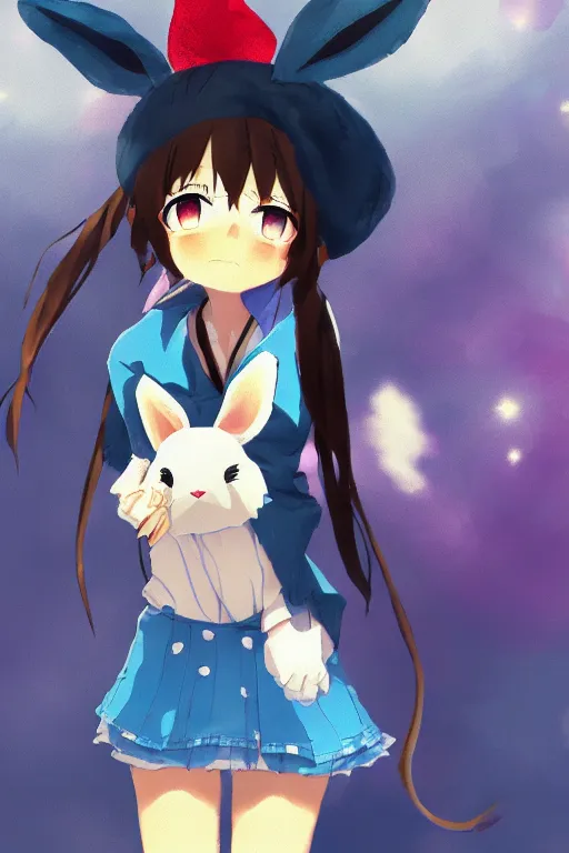 Image similar to Tonemapped cheerful Anime girl with bunny hat in the style of Makoto Shinkai and Yun Koga