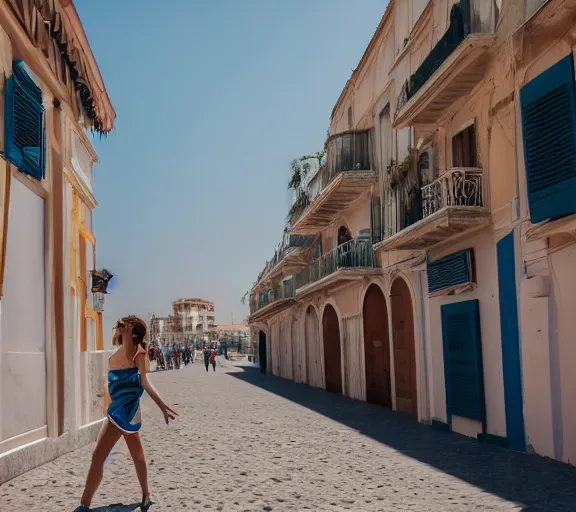 Image similar to photo of lido di ostia streets, cinematic color grading, various poses, soft light, faded colors, well framed, sharp focus, 8 k