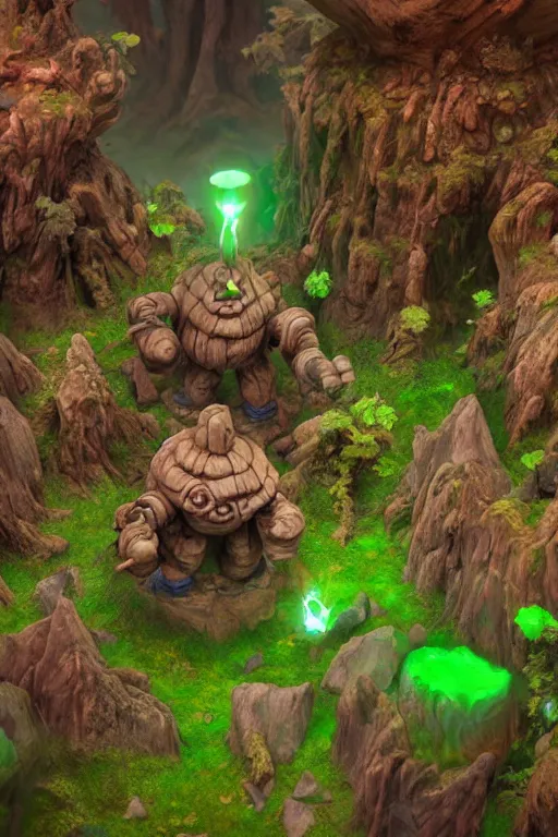 Image similar to zelda fantasy art giant golem troll wood rock greeble gemstone enchanted forest, global illumination ray tracing hdr fanart arstation by sung choi and eric pfeiffer and gabriel garza and casper konefal bastion forged hardmesh lisa frank zbrush central radiating a glowing aura global illumination ray tracing hdr