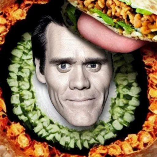 Image similar to jim carrey's head inside of a burrito, inside burrito, inside burrito