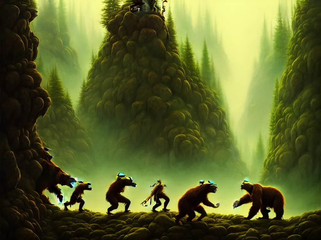 Prompt: highly detailed concept art of colossal bear fighting goblins in a middle - earth forest, an ultrafine detailed painting, trending on deviantart, neo surrealism, sharp focus, octane, masterpiece, art by anato finnstark