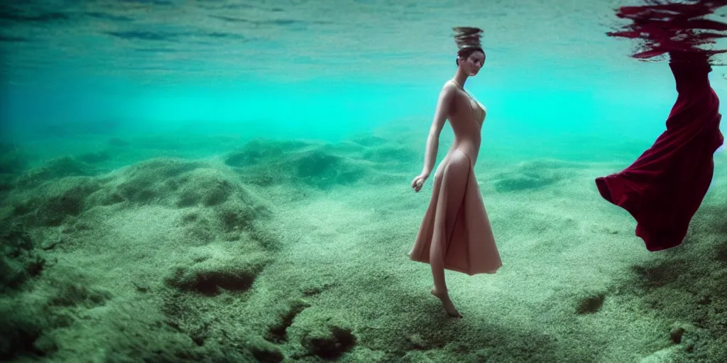 Image similar to underwater photography of beautiful model in flat dress by emmanuel lubezki