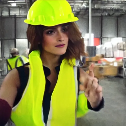 Image similar to photo, close up, salma hayek emma watson in a hi vis vest, in warehouse, android cameraphone, snapchat story screenshot, 2 6 mm,