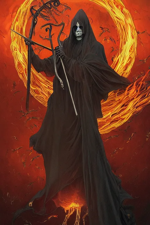 Prompt: the grim reaper with a cloak of fireflies and flameches, flames intricate scythe blade, eerie tumultuous dark clouds in the background, elegant, thin intricate art nouveau frame, highly detailed, digital painting, artstation, concept art, matte, sharp focus, illustration, art by Artgerm and Greg Rutkowski and Alphonse Mucha