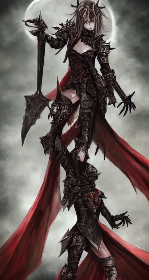 Image similar to dnd art, female vampire knight, barefoot, black full plate armor, historical armor, realistic armor, full body, monstrous mask, giant two - handed sword dripping blood, red wings, grinning, no shoes, black nail polish, realistic, pathfinder, flying.