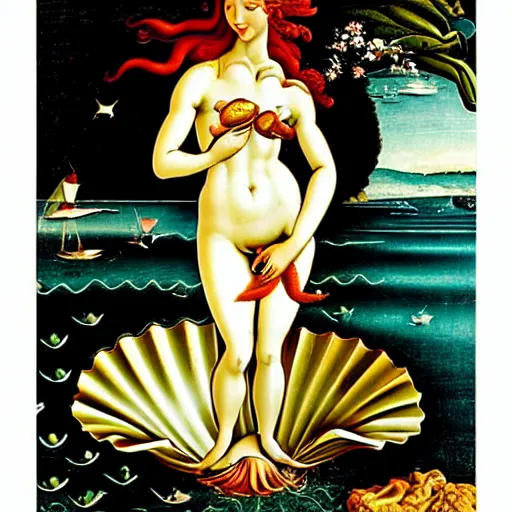 Image similar to birth of venus boticelli. emergeing from a sandwich. venus emerging from sandwich.