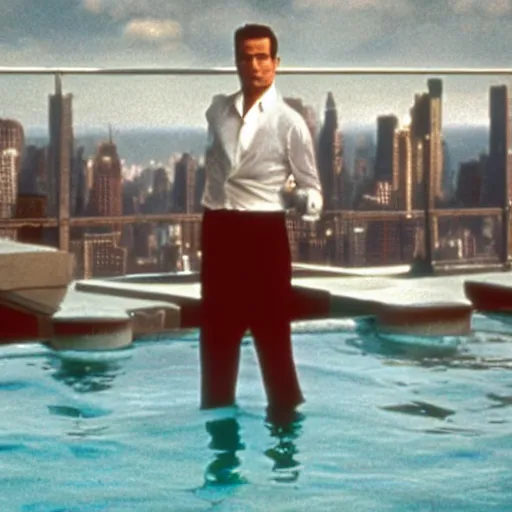 Image similar to patrick bateman chilling in a swimming pool on the terrace of empire state building, in american psycho ( 1 9 9 9 )