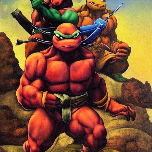 Image similar to Michaelangelo from the Teenage Mutants Ninja Turtles painted by Michaelangelo, masterpiece