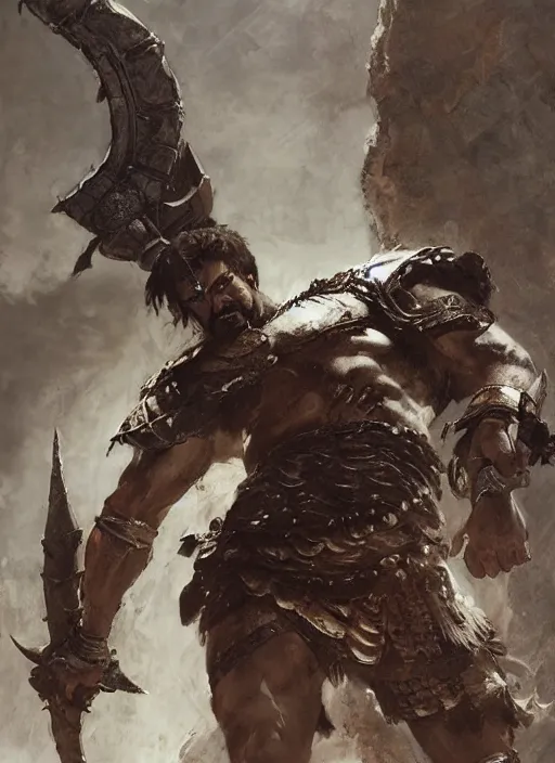 Image similar to ancient historically accurate depiction of the Bible Character Goliath of Gath, the Philistine warrior giant in ancient persian chainmail armor, dramatic lighting art by Yoji Shinkawa by Richard Schmid by greg rutkowski by Sandra Chevrier by Jeremy Lipking cinematic dramatic