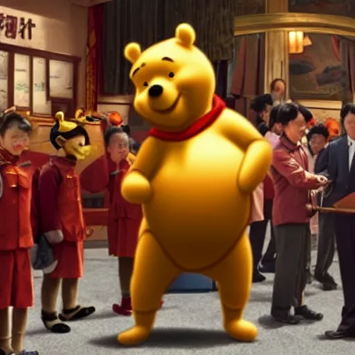 Prompt: an award winning cinematic still of Xi Jinping as Winnie the Pooh, 16k photograph