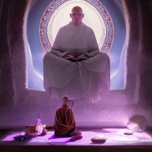 Prompt: mystic purple monk meditate in old church, unreal engine, digital, artstation, detailed body, heavenly atmosphere, digital art, overdetailed art, trending on artstation, cgstudio, the most beautiful image ever created, dramatic, award winning artwork, beautiful scenery