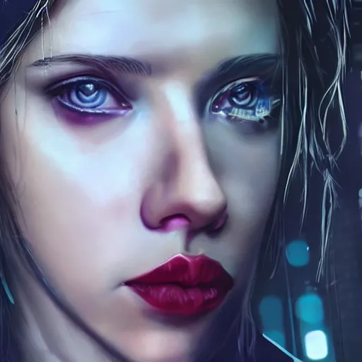 Image similar to Scarlett Johansson as a cyberpunk girl portrait with depth of field inspired by ghost in the shell