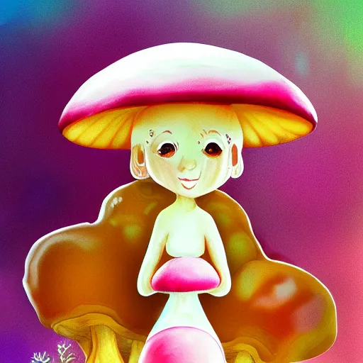 Prompt: Digital Painting of cute mushroom girl. Digital Art, 8k, Pastel Colors.