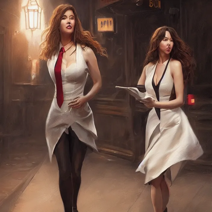 Image similar to portrait of michael mcintyre leaving a bar holding a singing waitress, elegant, real life skin, intricate artwork, high detailed, artstation, concept art, smooth, sharp focus, art by artgerm and greg rutkowski