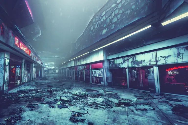 Image similar to low angle photo of a abandoned cyberpunk shopping mall, a crew of high tech soldiers are running out, dead human bodies on the floor, cinematic lightning, ray tracing, unreal engine, photorealistic, detailed, dark, moody, foggy, scary